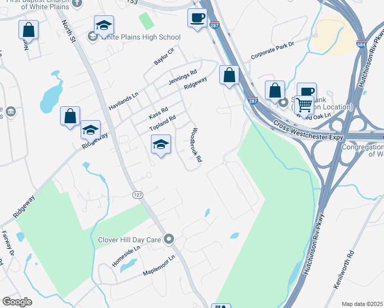 map of restaurants, bars, coffee shops, grocery stores, and more near 125 Woodbrook Road in White Plains