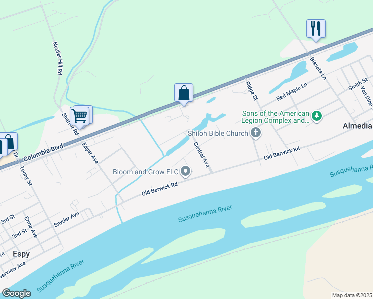 map of restaurants, bars, coffee shops, grocery stores, and more near 6 West Park Street in Bloomsburg