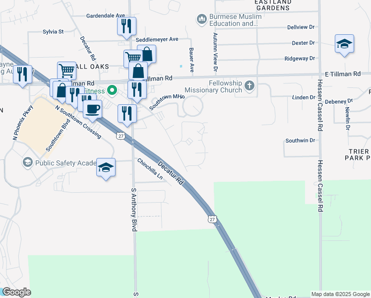map of restaurants, bars, coffee shops, grocery stores, and more near 7911 Decatur Road in Fort Wayne