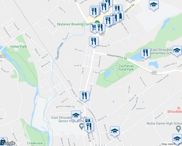 map of restaurants, bars, coffee shops, grocery stores, and more near 526 North Courtland Street in East Stroudsburg
