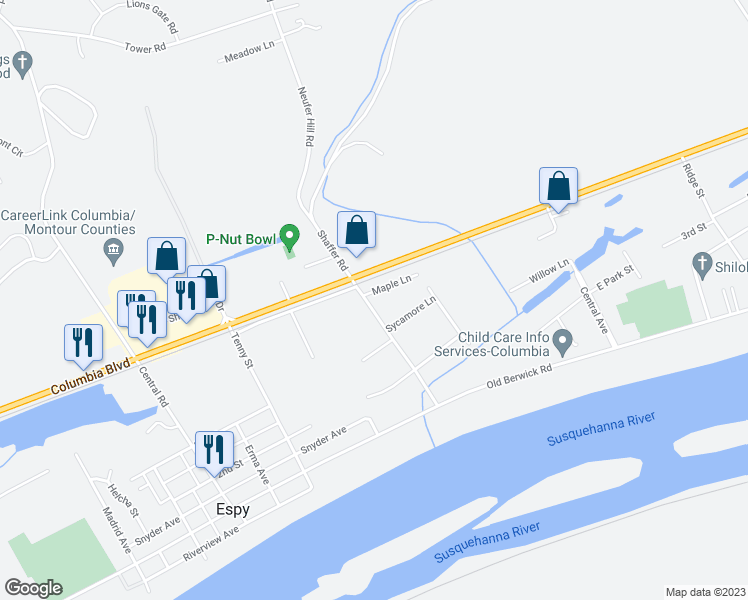 map of restaurants, bars, coffee shops, grocery stores, and more near 300 Edgar Avenue in Bloomsburg