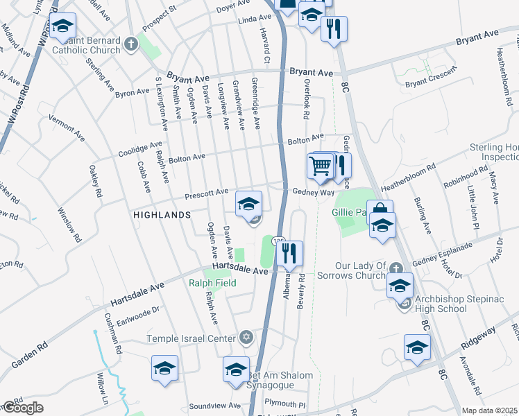 map of restaurants, bars, coffee shops, grocery stores, and more near 121 Grandview Avenue in White Plains
