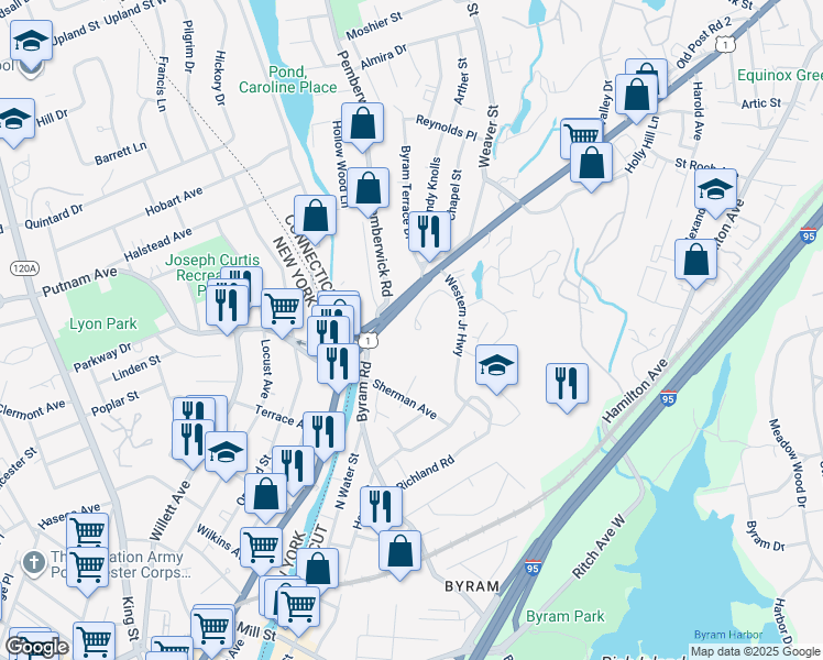 map of restaurants, bars, coffee shops, grocery stores, and more near 71 Vinci Drive in Greenwich