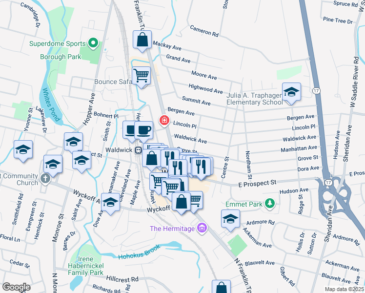 map of restaurants, bars, coffee shops, grocery stores, and more near 9 Grove St in Waldwick