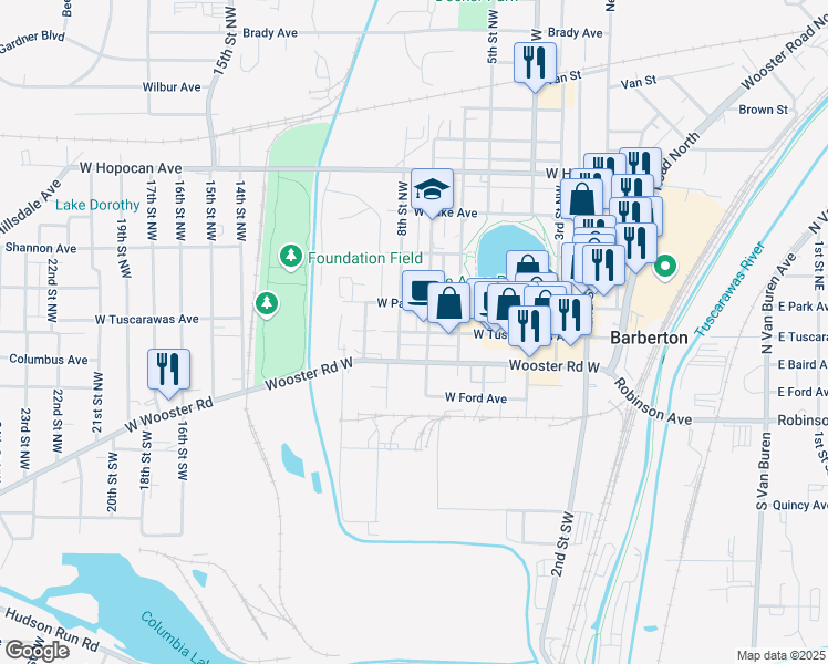 map of restaurants, bars, coffee shops, grocery stores, and more near 82 8th Street Northwest in Barberton