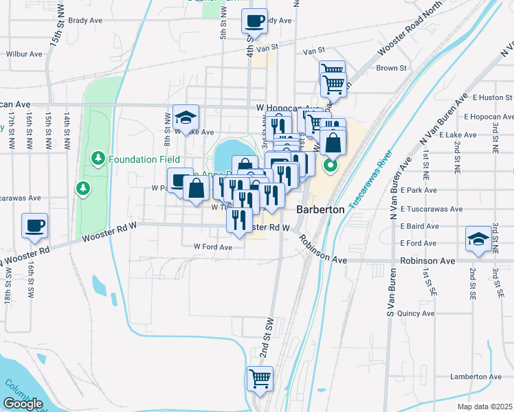 map of restaurants, bars, coffee shops, grocery stores, and more near 529 West Tuscarawas Avenue in Barberton