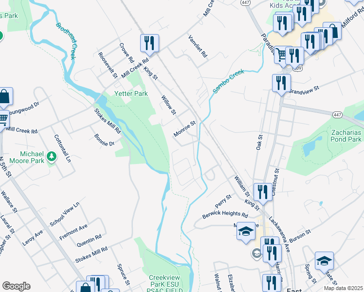 map of restaurants, bars, coffee shops, grocery stores, and more near Brookside Avenue in Stroudsburg