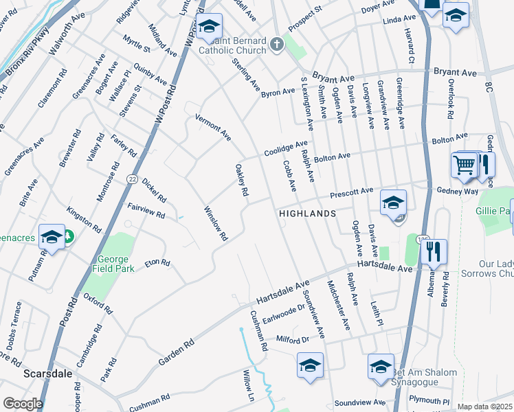 map of restaurants, bars, coffee shops, grocery stores, and more near 63 Winslow Road in White Plains