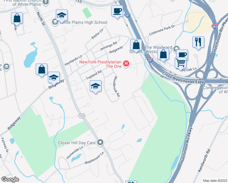 map of restaurants, bars, coffee shops, grocery stores, and more near 125 Woodbrook Road in White Plains