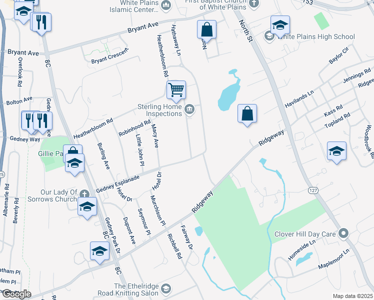 map of restaurants, bars, coffee shops, grocery stores, and more near 56 Gedney Esplanade in White Plains
