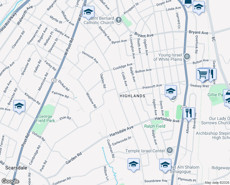 map of restaurants, bars, coffee shops, grocery stores, and more near 63 Winslow Road in White Plains