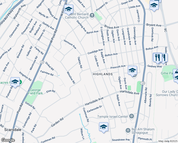 map of restaurants, bars, coffee shops, grocery stores, and more near 63 Winslow Road in White Plains