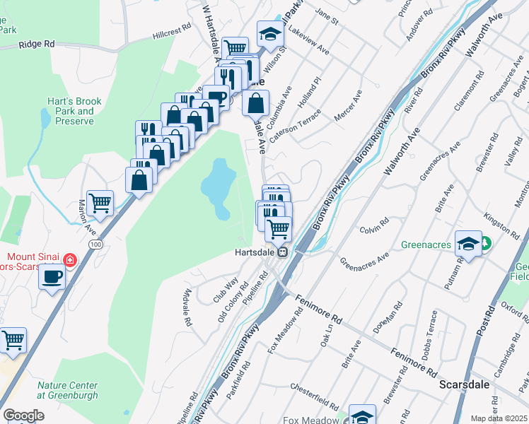 map of restaurants, bars, coffee shops, grocery stores, and more near 170 East Hartsdale Avenue in Hartsdale