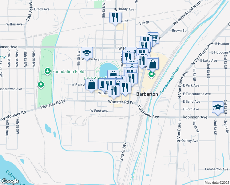 map of restaurants, bars, coffee shops, grocery stores, and more near 529 West Tuscarawas Avenue in Barberton