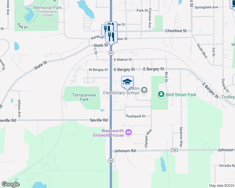 map of restaurants, bars, coffee shops, grocery stores, and more near 127 Takacs Drive in Wadsworth