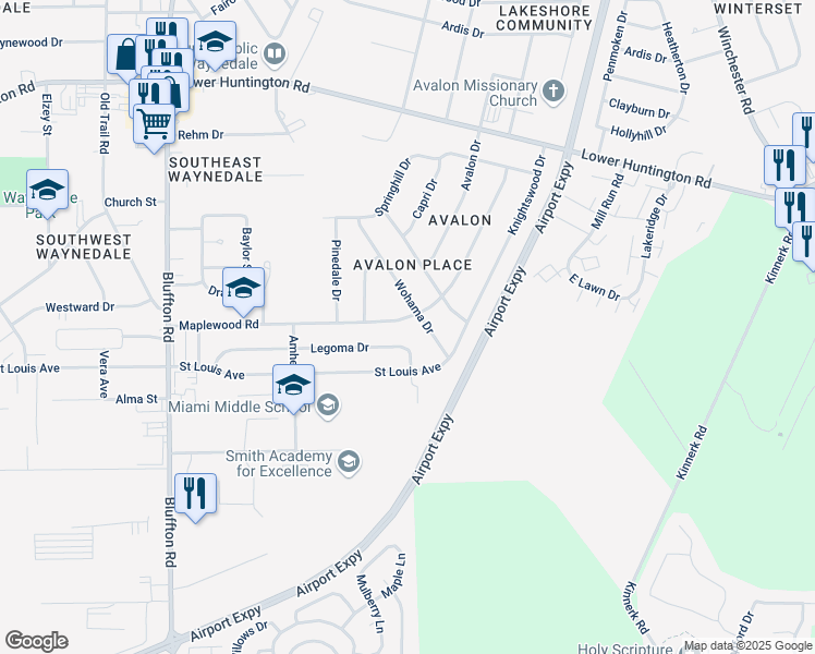 map of restaurants, bars, coffee shops, grocery stores, and more near 1701 Maplewood Road in Fort Wayne