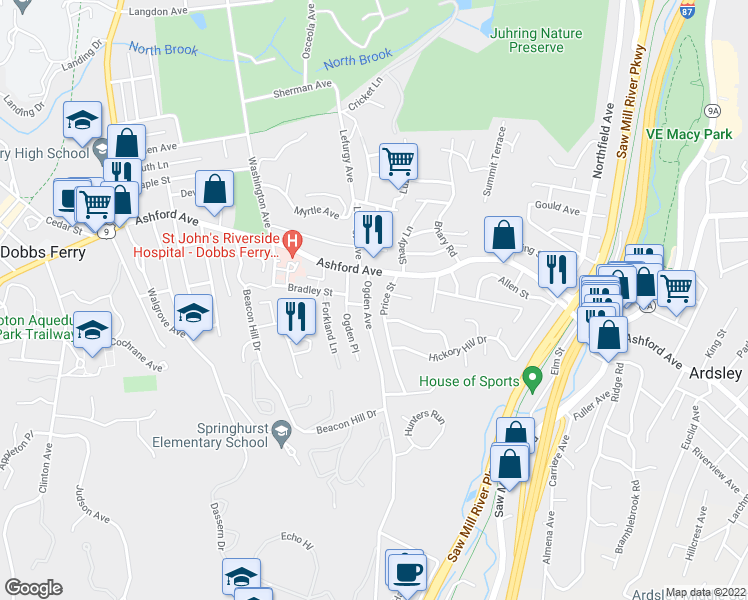 map of restaurants, bars, coffee shops, grocery stores, and more near 23 Ogden Avenue in Dobbs Ferry