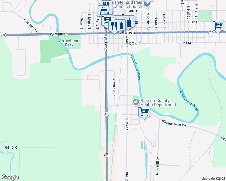 map of restaurants, bars, coffee shops, grocery stores, and more near 484 S Walnut St in Ottawa
