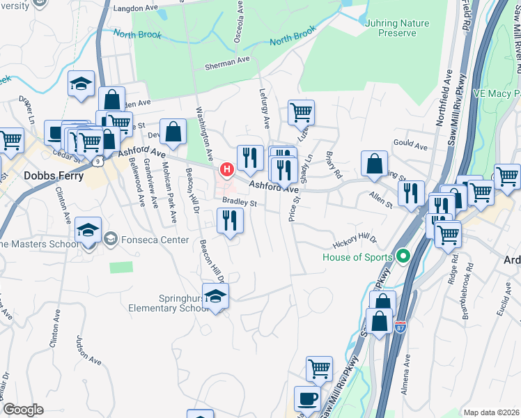 map of restaurants, bars, coffee shops, grocery stores, and more near 24 Ogden Place in Dobbs Ferry