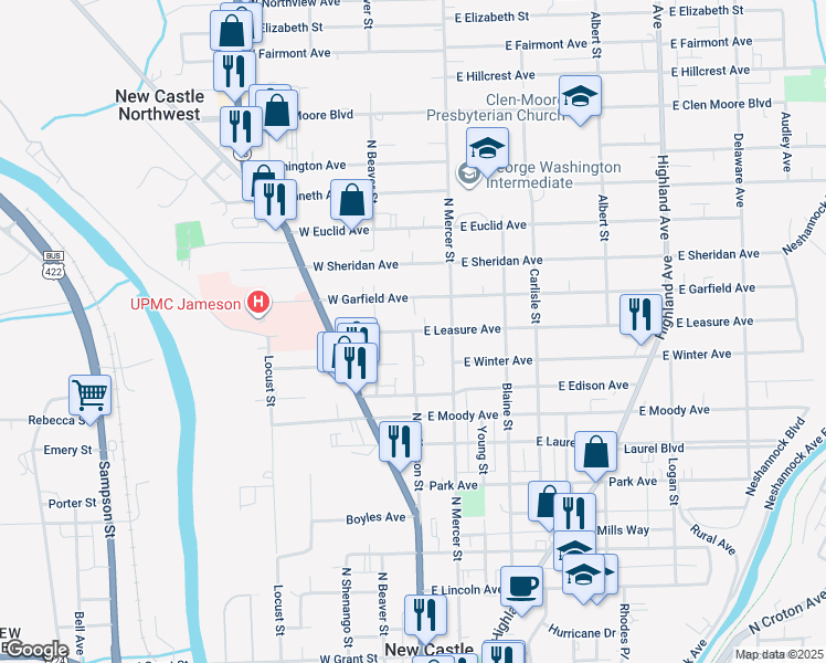 map of restaurants, bars, coffee shops, grocery stores, and more near E Leasure Ave & W Leasure Ave in New Castle