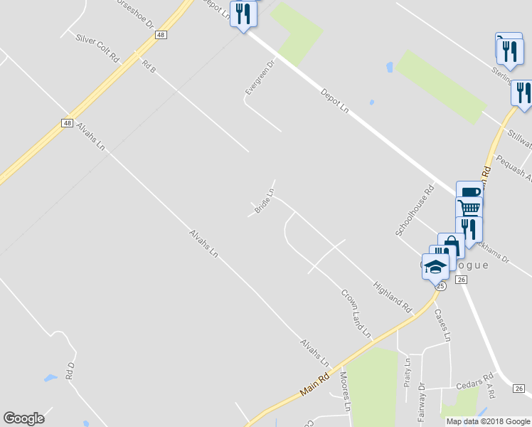 map of restaurants, bars, coffee shops, grocery stores, and more near 1020 Bridle Lane in Cutchogue