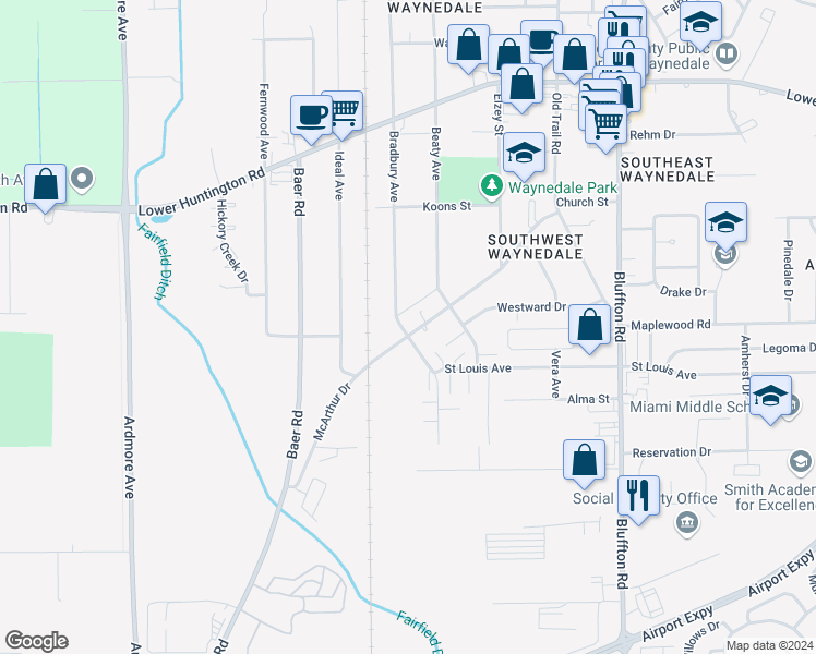 map of restaurants, bars, coffee shops, grocery stores, and more near 3018 McArthur Drive in Fort Wayne
