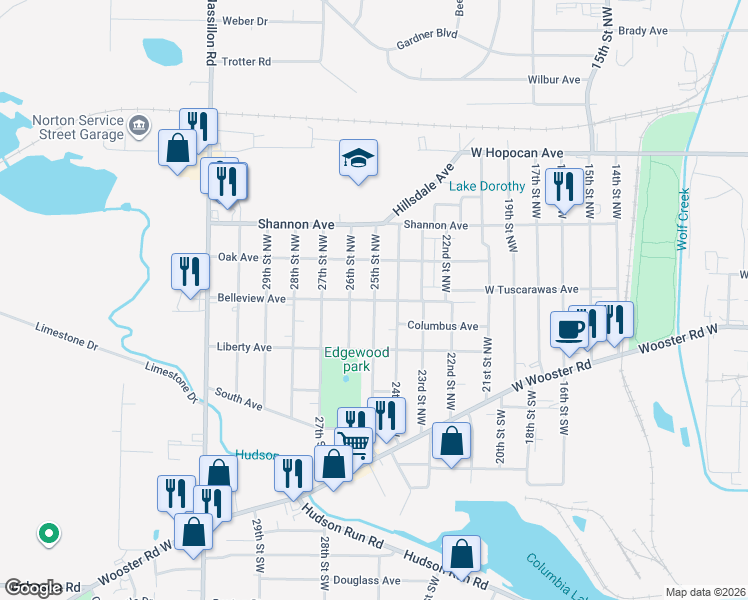map of restaurants, bars, coffee shops, grocery stores, and more near 1152 Belleview Avenue in Barberton