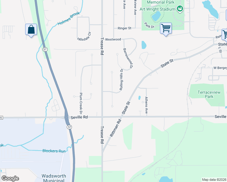 map of restaurants, bars, coffee shops, grocery stores, and more near 553 Catawba Dr in Wadsworth