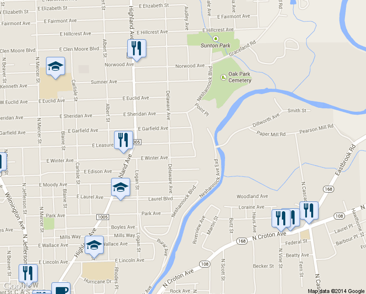 map of restaurants, bars, coffee shops, grocery stores, and more near 514 East Leasure Avenue in New Castle