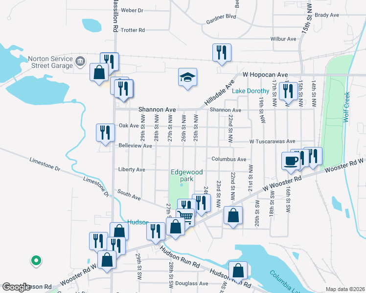 map of restaurants, bars, coffee shops, grocery stores, and more near 1182 Belleview Avenue in Barberton