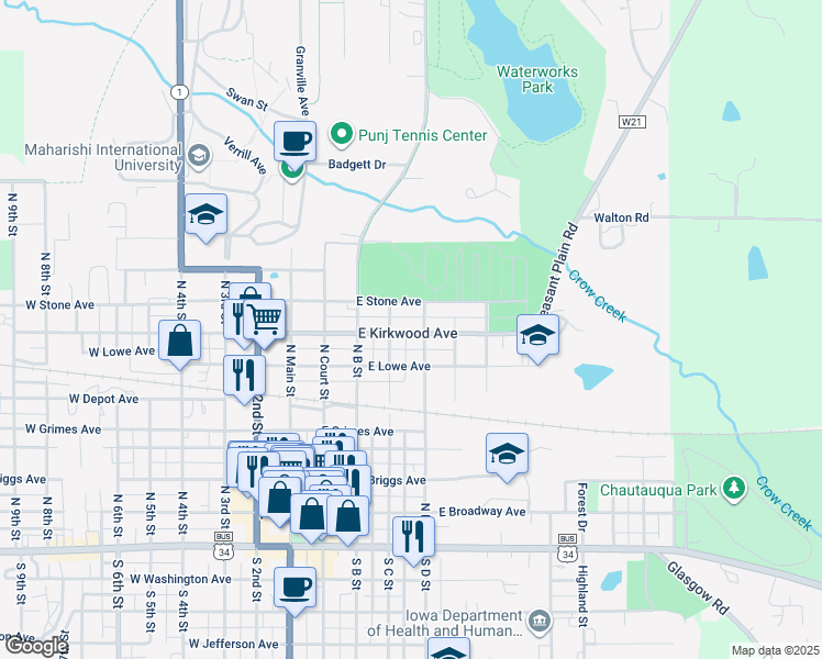 map of restaurants, bars, coffee shops, grocery stores, and more near 305 E Kirkwood Ave in Fairfield