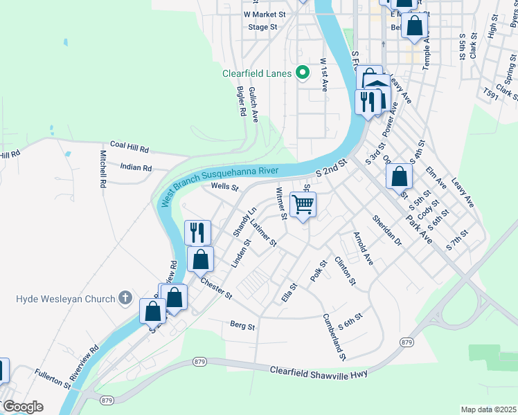map of restaurants, bars, coffee shops, grocery stores, and more near 817 Green Street in Clearfield