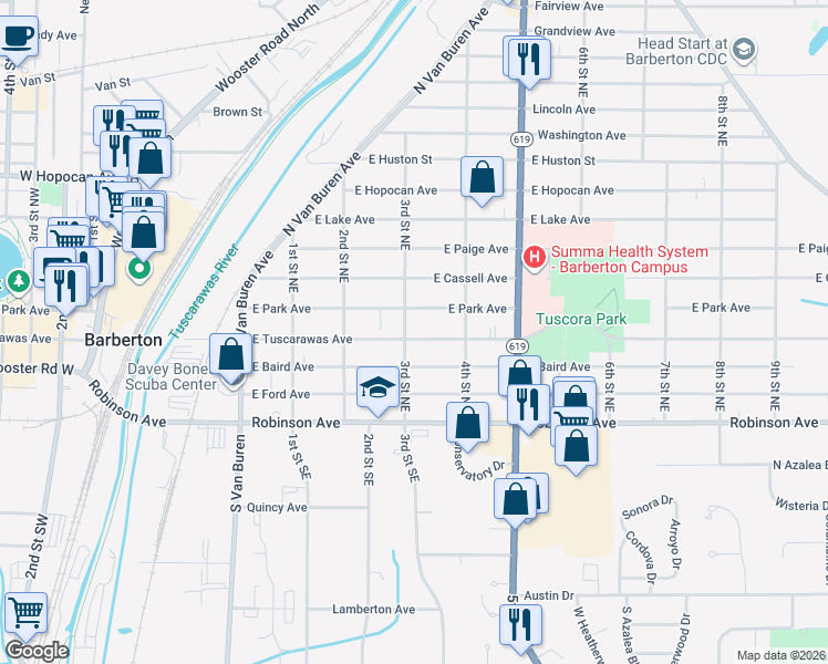 map of restaurants, bars, coffee shops, grocery stores, and more near 329 East Tuscarawas Avenue in Barberton