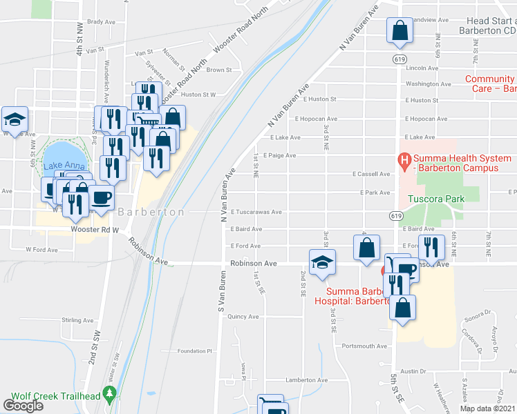 map of restaurants, bars, coffee shops, grocery stores, and more near 203 East Tuscarawas Avenue in Barberton