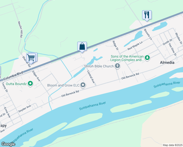 map of restaurants, bars, coffee shops, grocery stores, and more near 20 Central Avenue in Bloomsburg