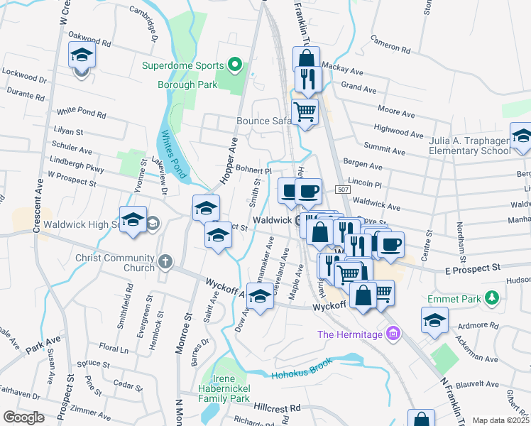 map of restaurants, bars, coffee shops, grocery stores, and more near 56 Wanamaker Avenue in Waldwick