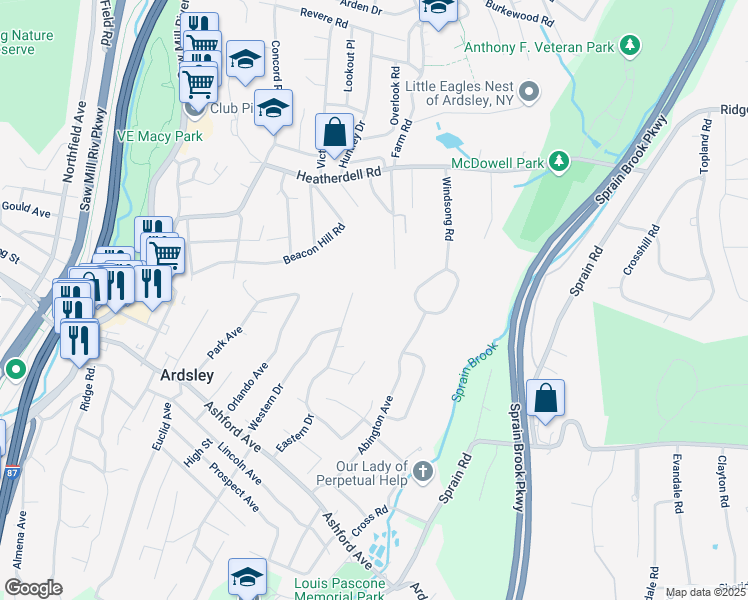 map of restaurants, bars, coffee shops, grocery stores, and more near 55 Eastern Drive in Ardsley