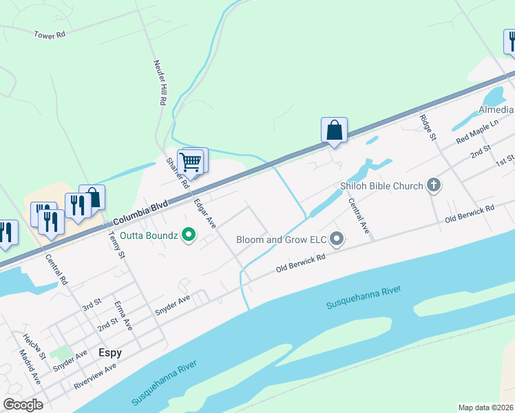 map of restaurants, bars, coffee shops, grocery stores, and more near 278 Crabapple Ln in Bloomsburg