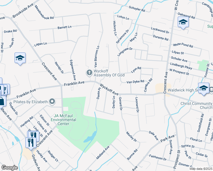 map of restaurants, bars, coffee shops, grocery stores, and more near 325 Wyckoff Avenue in Waldwick