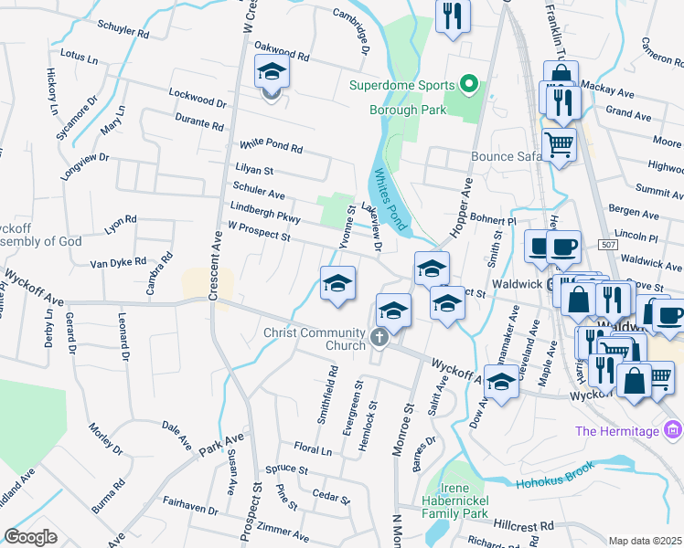 map of restaurants, bars, coffee shops, grocery stores, and more near 1 Yvonne Street in Waldwick