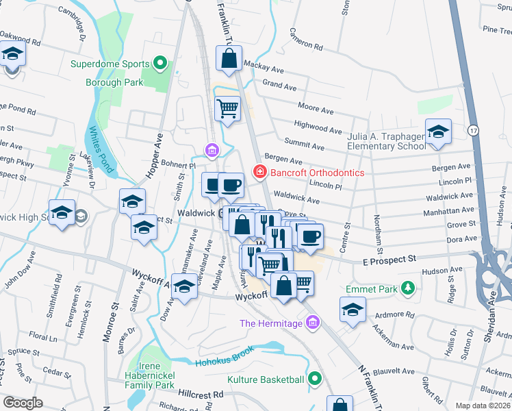 map of restaurants, bars, coffee shops, grocery stores, and more near 57 Harrison Avenue in Waldwick