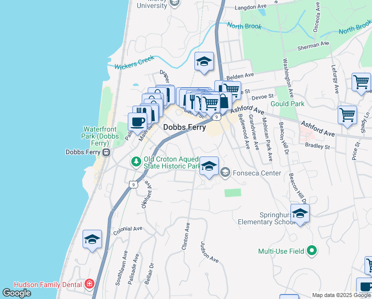 map of restaurants, bars, coffee shops, grocery stores, and more near 34 Clinton Avenue in Dobbs Ferry