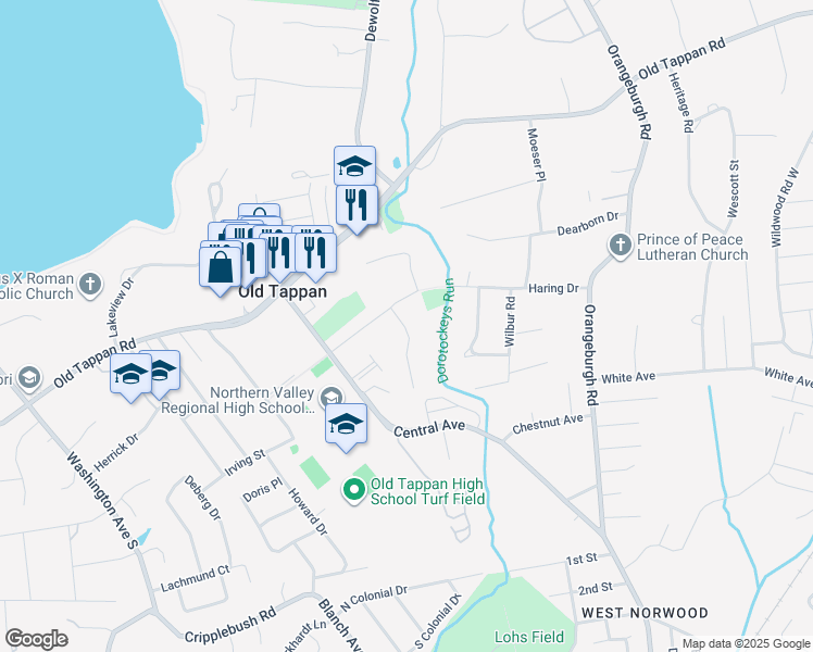 map of restaurants, bars, coffee shops, grocery stores, and more near 7 Autumn Lane in Old Tappan