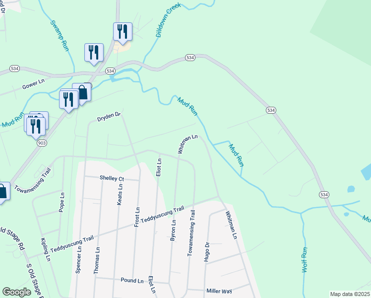 map of restaurants, bars, coffee shops, grocery stores, and more near 237 Whitman Lane in Albrightsville