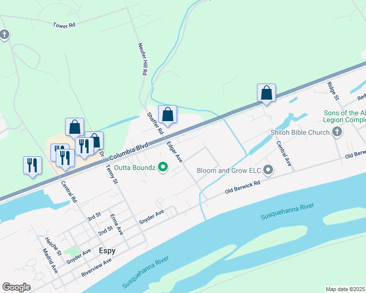 map of restaurants, bars, coffee shops, grocery stores, and more near 300 Edgar Ave in Bloomsburg