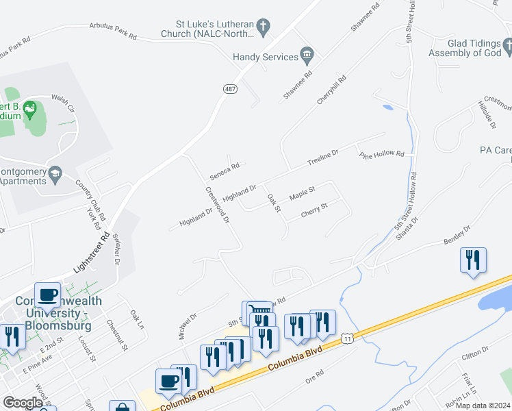 map of restaurants, bars, coffee shops, grocery stores, and more near 1027 Millville Road in Bloomsburg