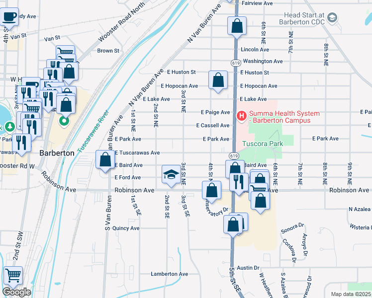 map of restaurants, bars, coffee shops, grocery stores, and more near 329 East Tuscarawas Avenue in Barberton