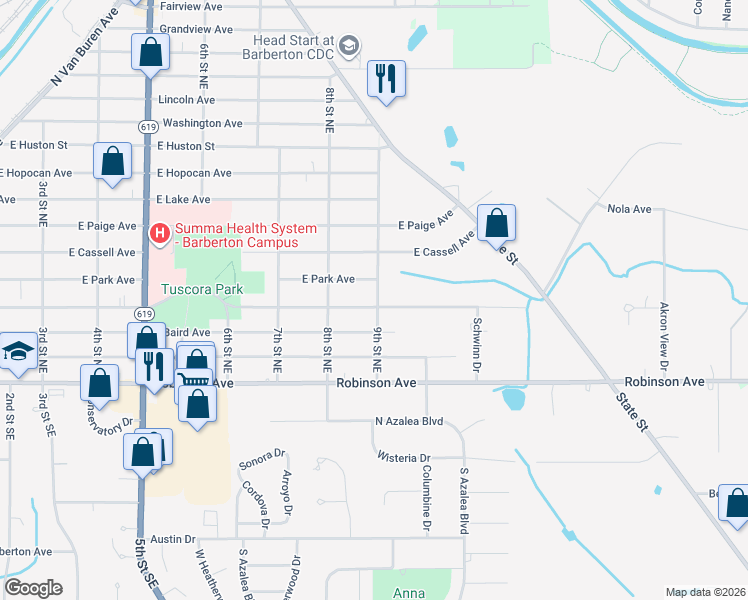 map of restaurants, bars, coffee shops, grocery stores, and more near 703 East Tuscarawas Avenue in Barberton
