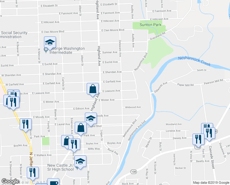 map of restaurants, bars, coffee shops, grocery stores, and more near 428 East Leasure Avenue in New Castle