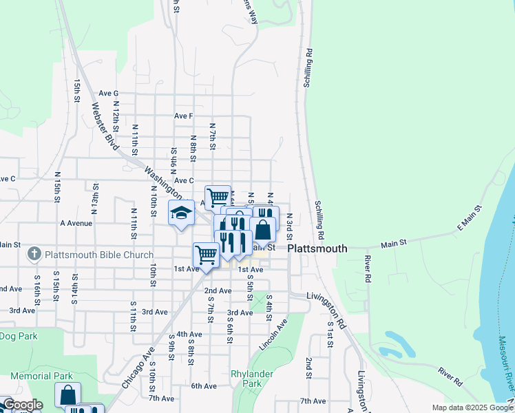 map of restaurants, bars, coffee shops, grocery stores, and more near 421 Avenue B in Plattsmouth